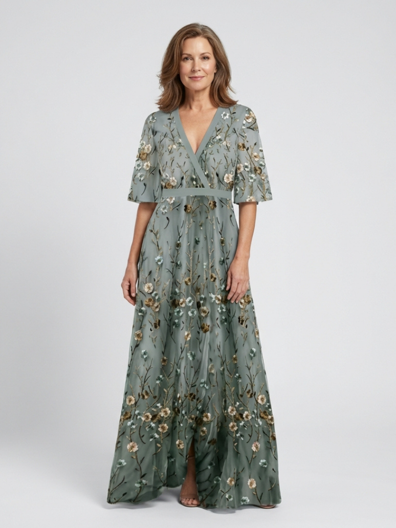 Élodie | Vestido maxi bordado com decote em V