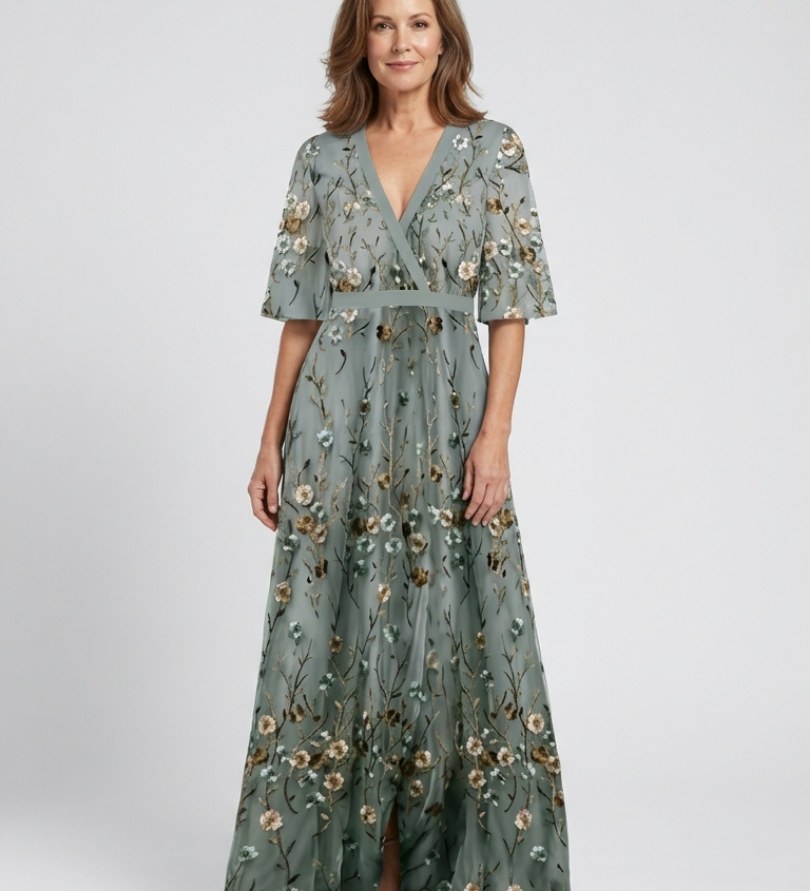 Élodie | Vestido maxi bordado com decote em V