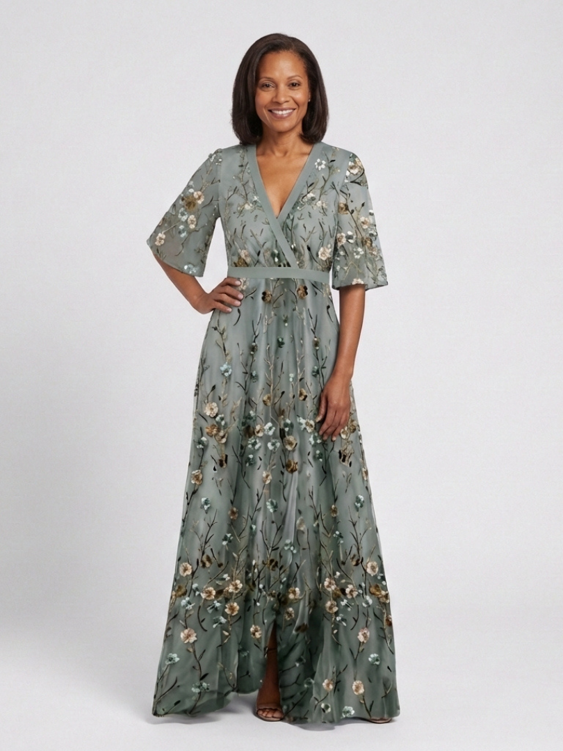 Élodie | Vestido maxi bordado com decote em V