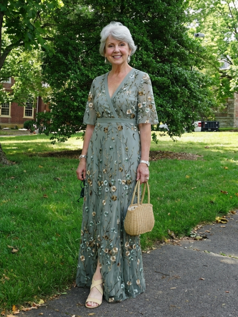 Élodie | Vestido maxi bordado com decote em V