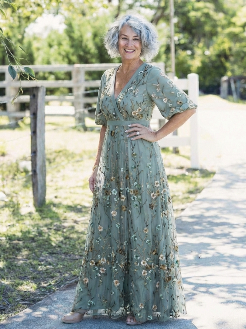 Élodie | Vestido maxi bordado com decote em V