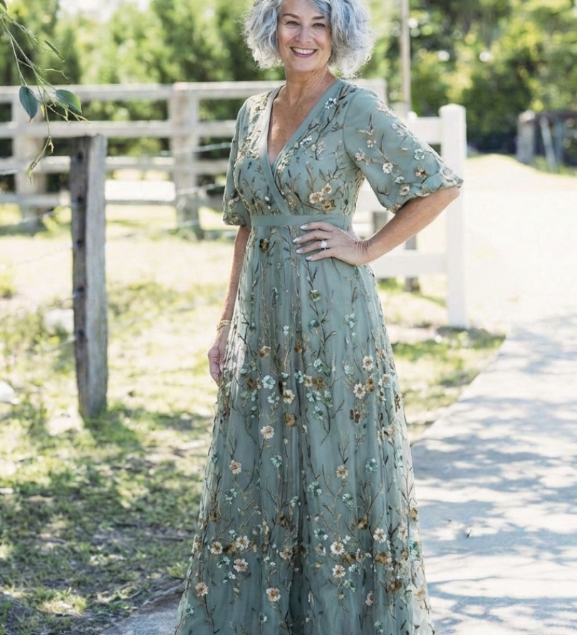 Élodie | Vestido maxi bordado com decote em V
