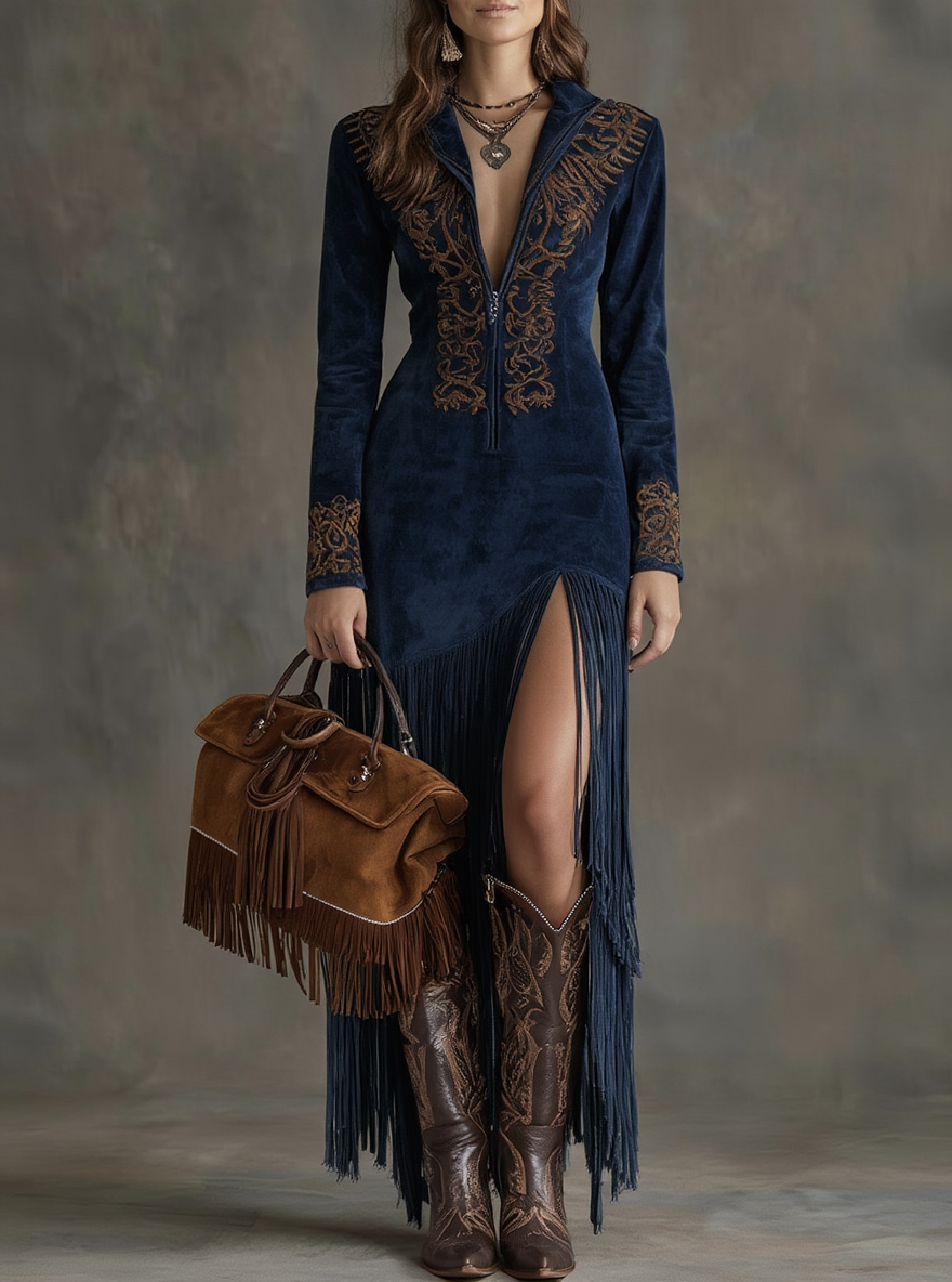 Thérèse | Vestido Longo Bordado com Fecho de Zíper Frontal