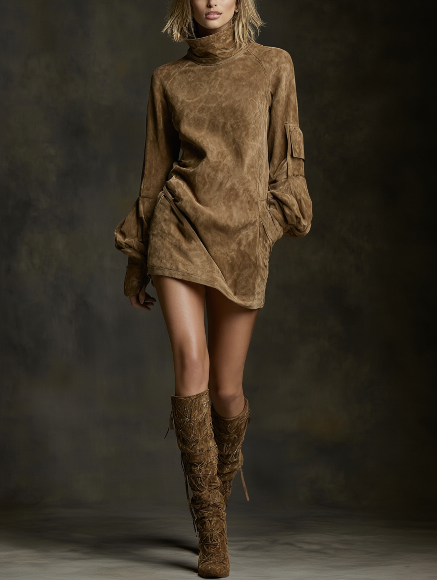 Ariane | Mini-Robe Ampla em Suédine com Gola Alta