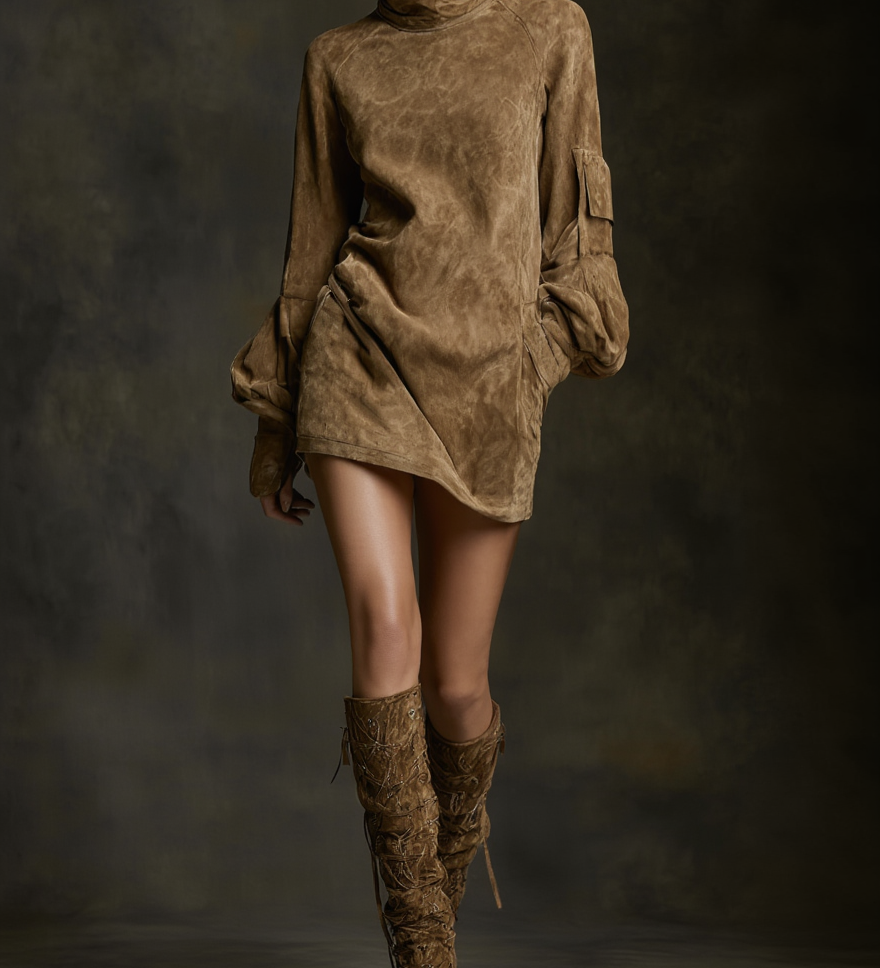 Ariane | Mini-Robe Ampla em Suédine com Gola Alta