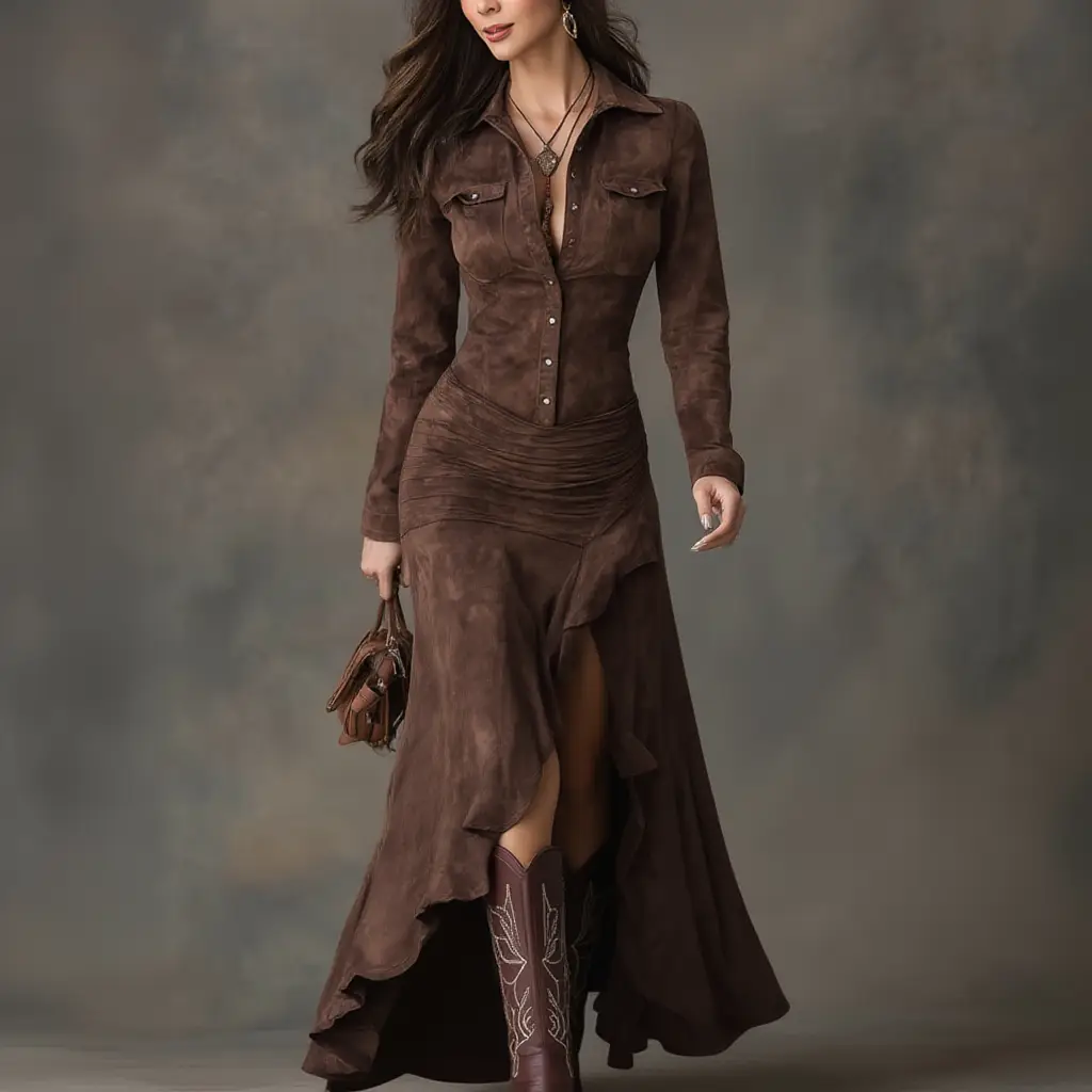 Lisette | Vestido Longo Retro Castanho com Volantes