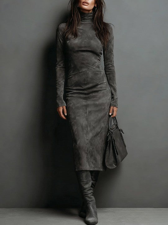 Auriane | Robe Midi de Suédine com Gola Alta