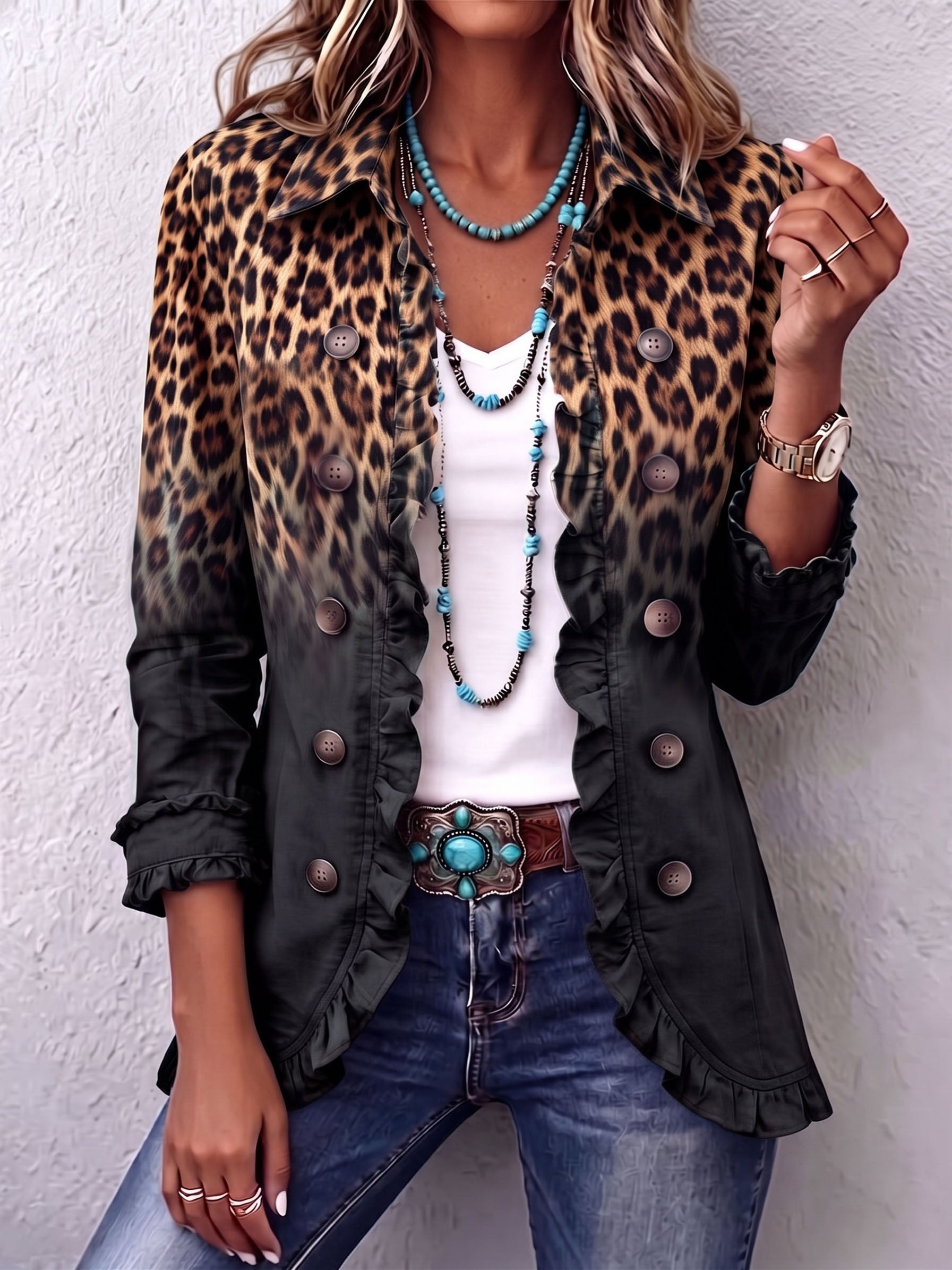 Colette | Blazer preto com padrão de leopardo e folhos