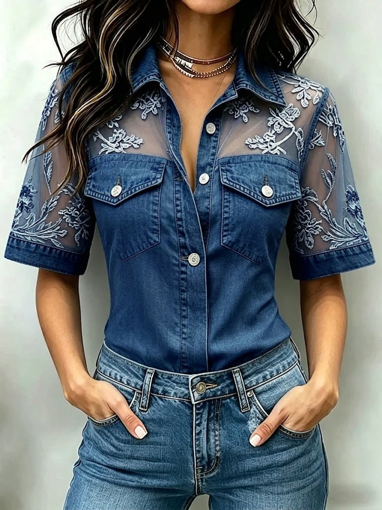 Marceline™ | Camisa de ganga com rendas