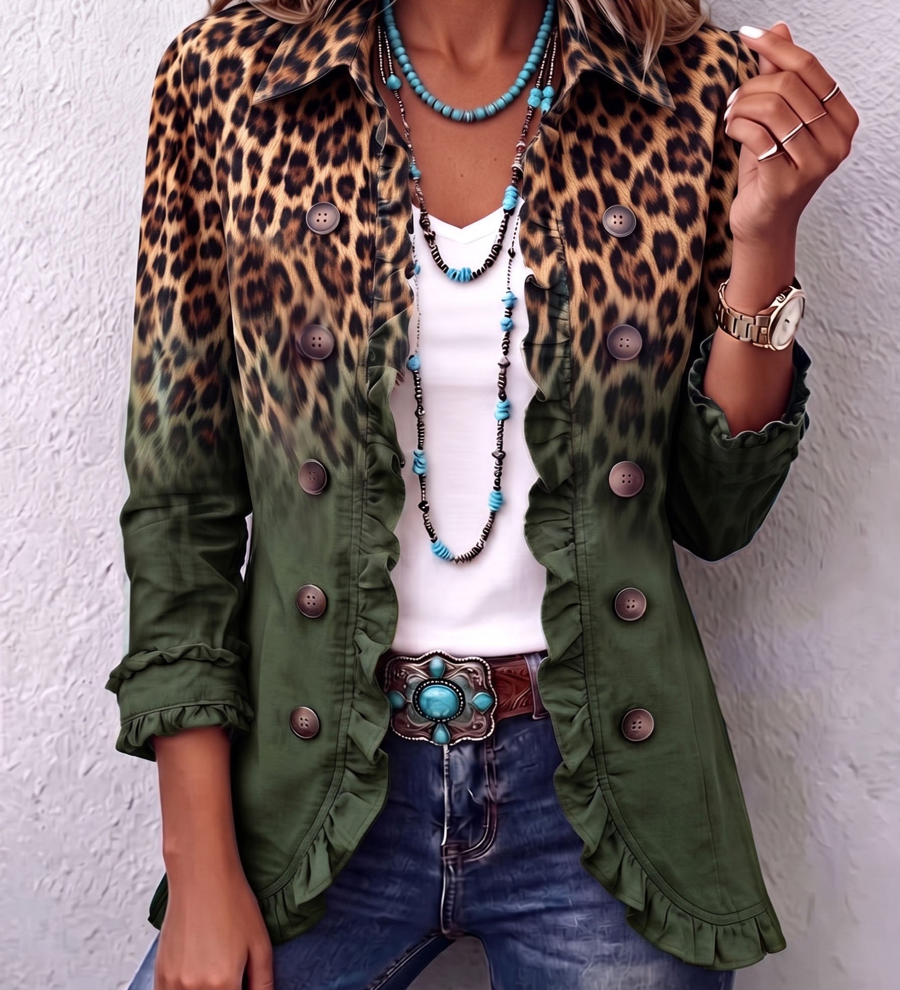 Lorraine | Blazer com padrão de leopardo verde e volantes