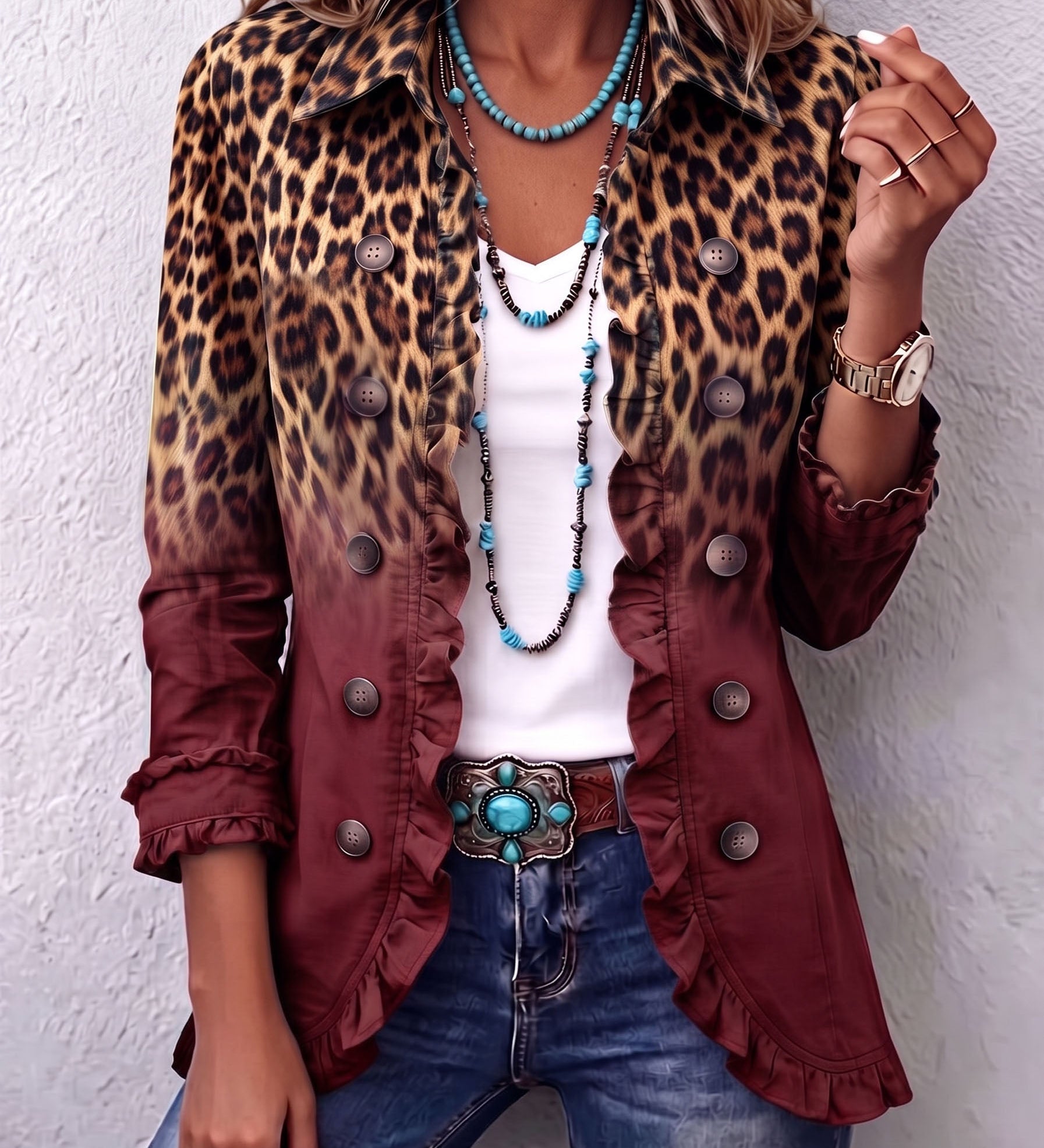 Huguette | Blazer com padrão de leopardo em bordeaux com volantes