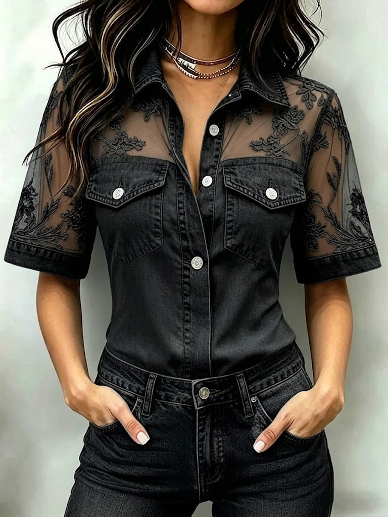 Marceline™ | Camisa de ganga com rendas