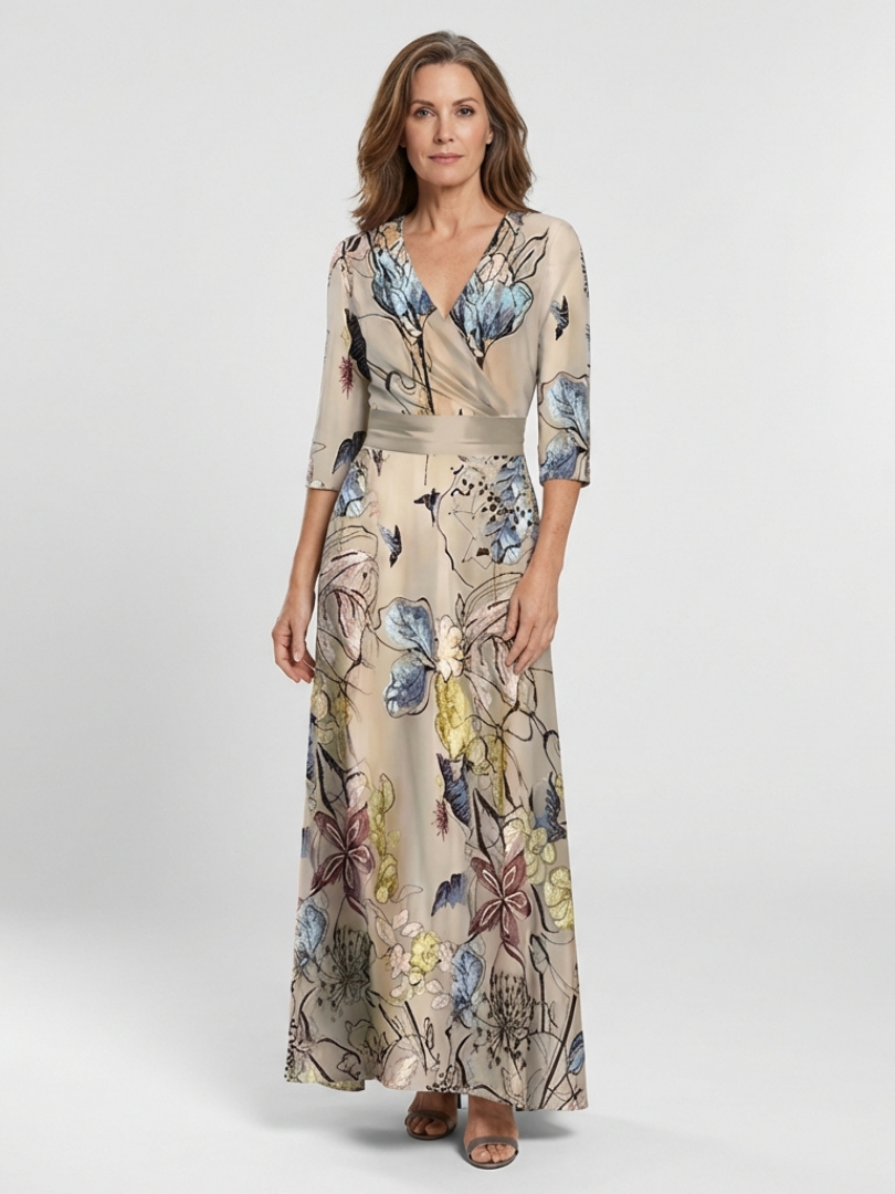 Caroline | Robe maxi portefeuille a flores com mangas três-quartos