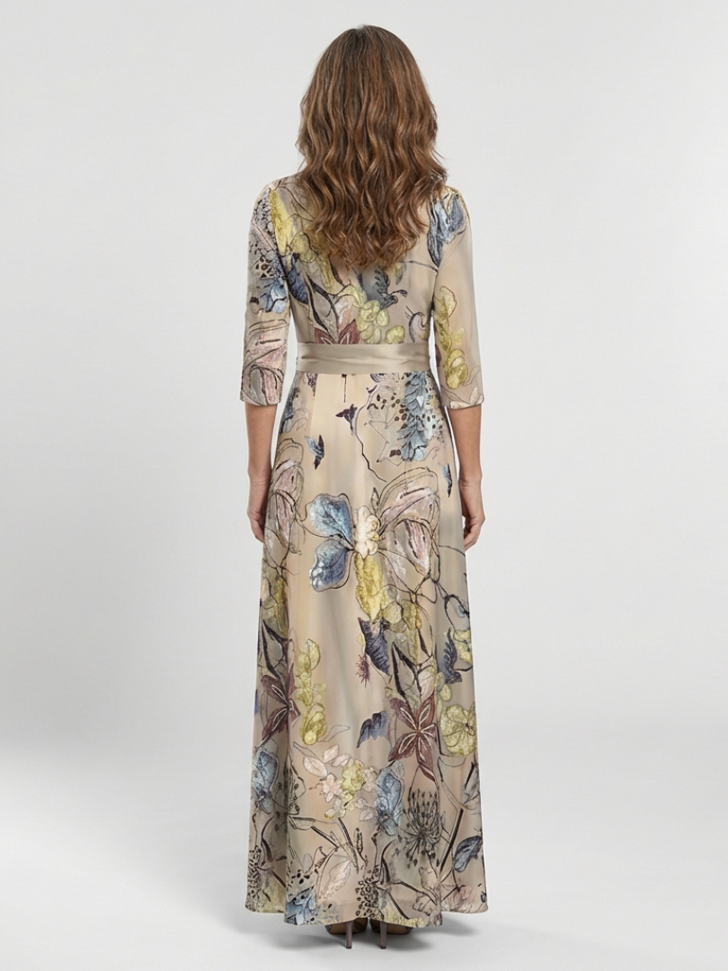 Caroline | Robe maxi portefeuille a flores com mangas três-quartos