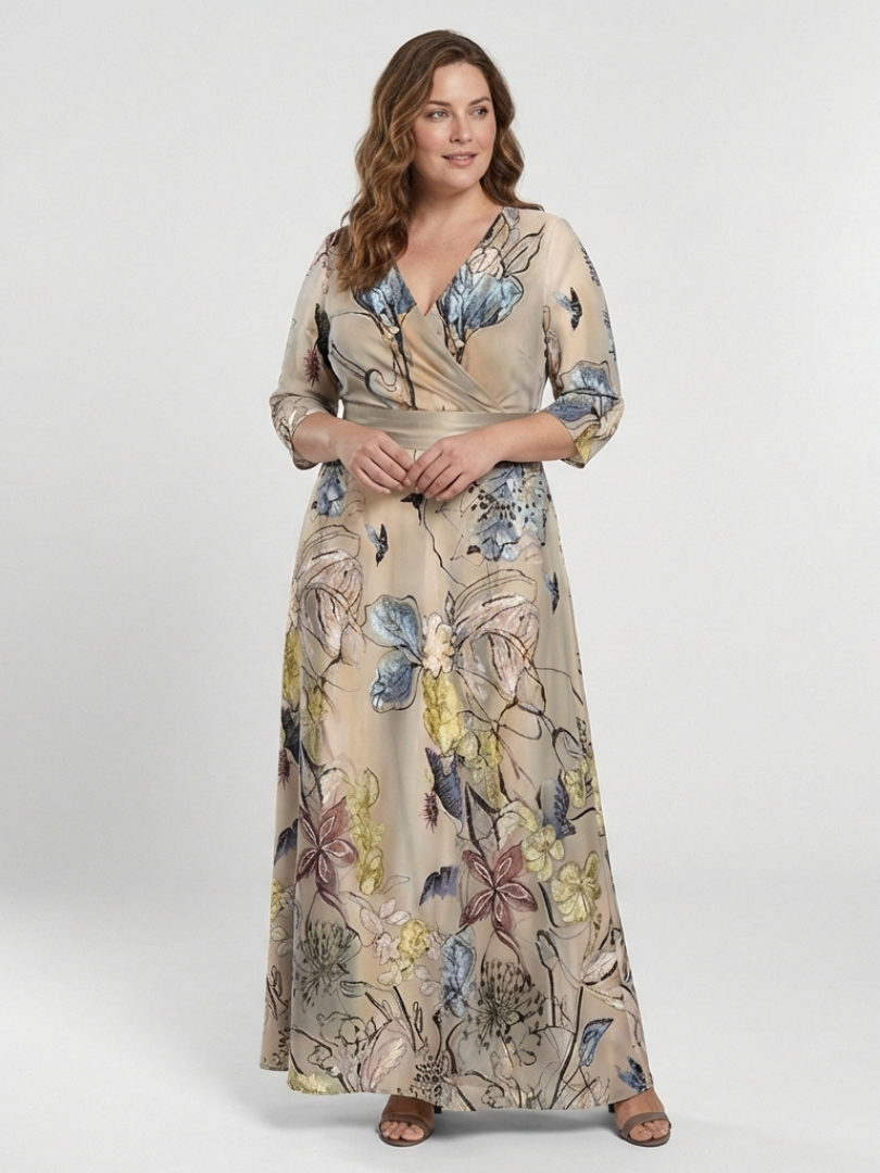 Caroline | Robe maxi portefeuille a flores com mangas três-quartos