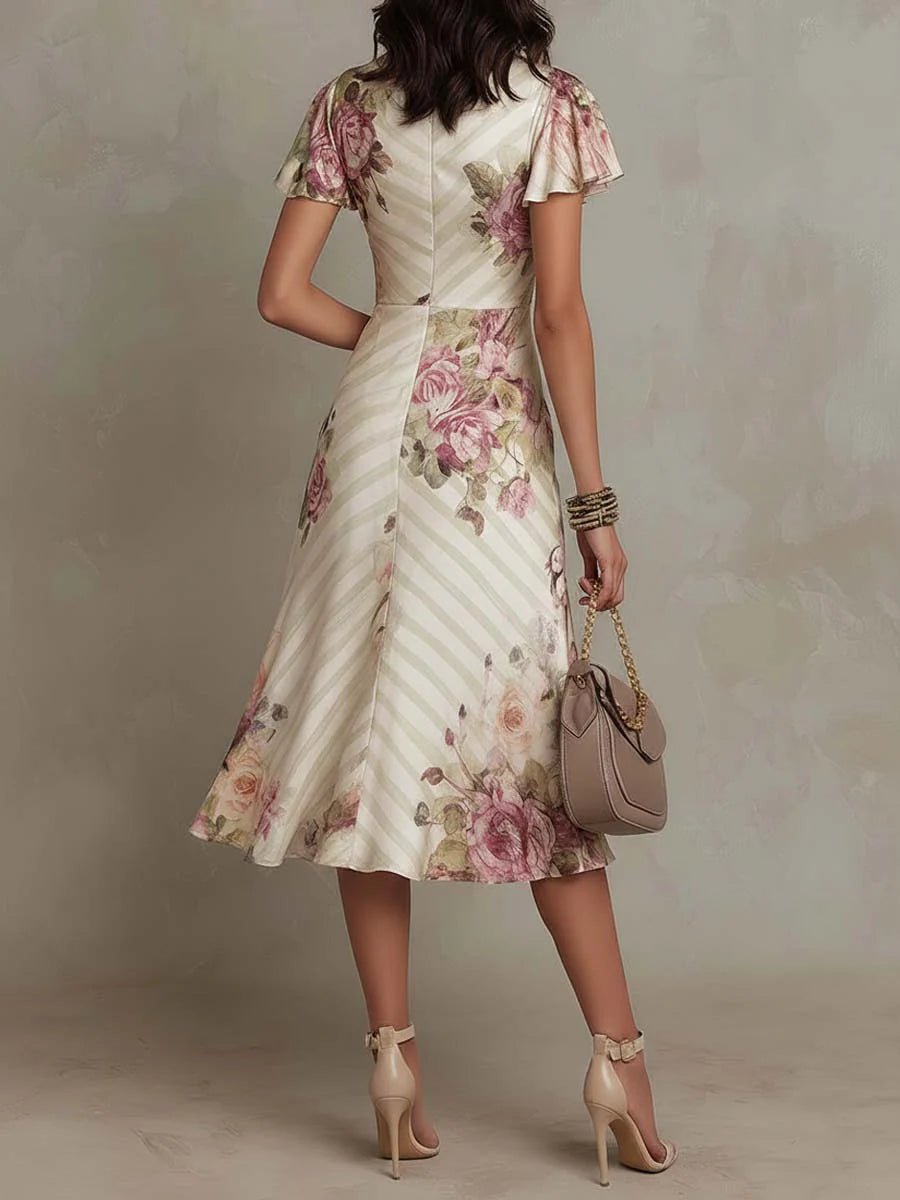Vestido midi de cetim com padrão floral, elegante e de estilo retro