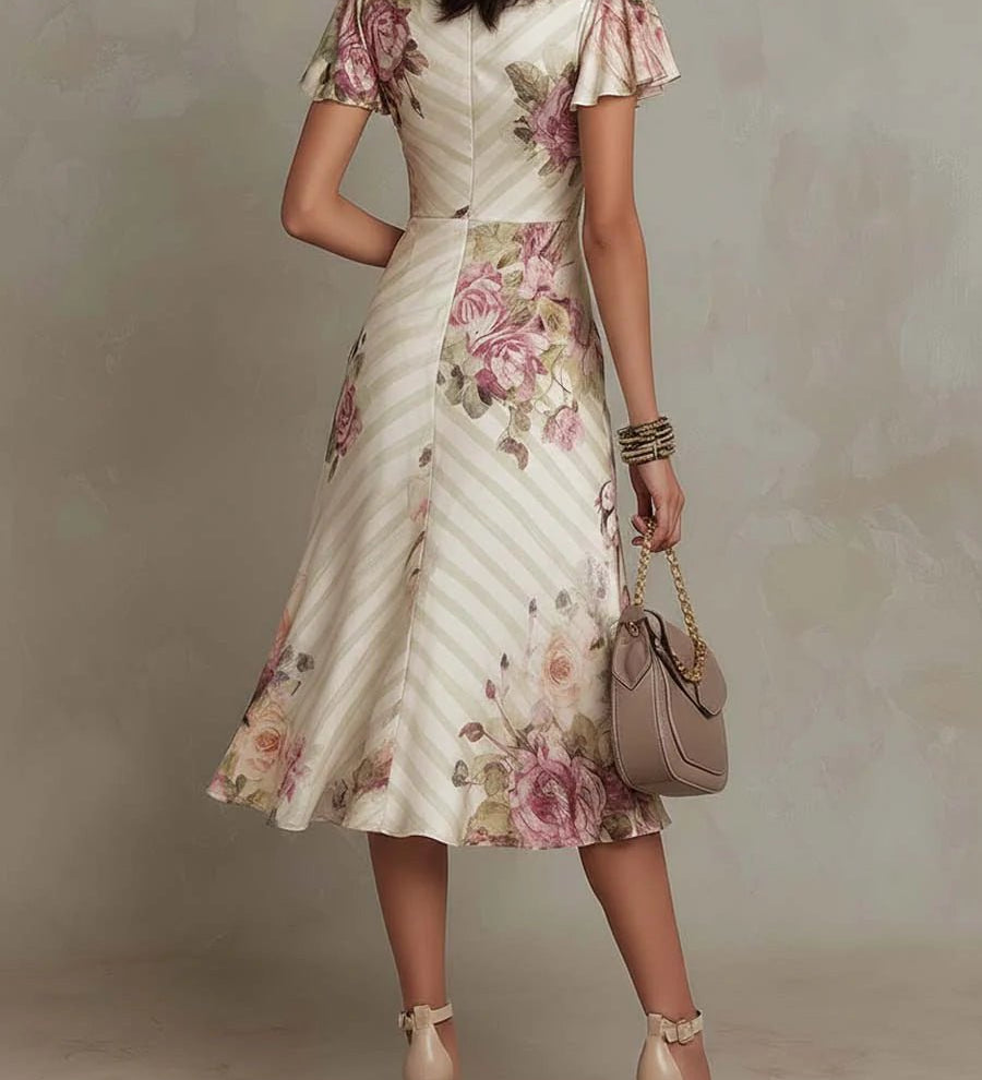 Vestido midi de cetim com padrão floral, elegante e de estilo retro