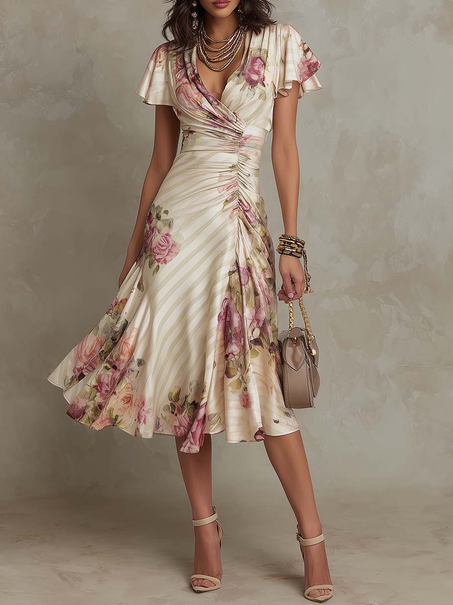Vestido midi de cetim com padrão floral, elegante e de estilo retro