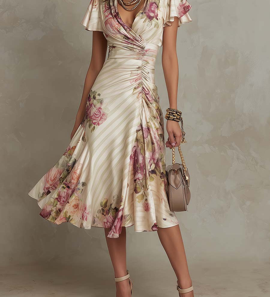 Vestido midi de cetim com padrão floral, elegante e de estilo retro