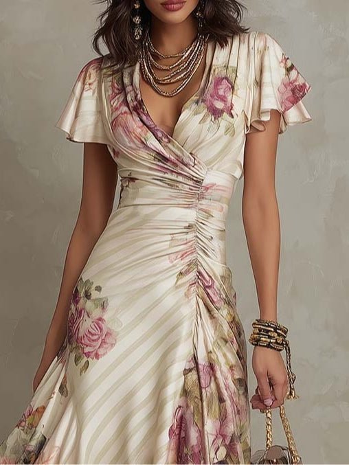 Vestido midi de cetim com padrão floral, elegante e de estilo retro
