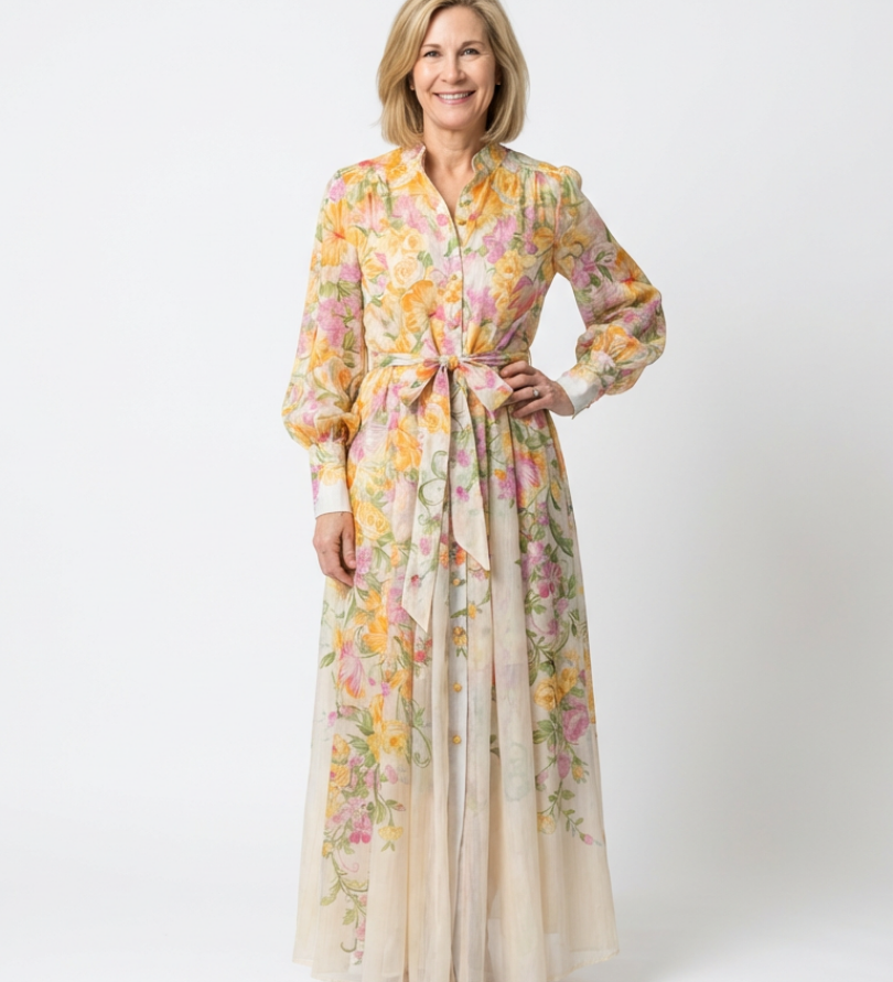 Delphine | Vestido maxi fluido de mangas longas e flores