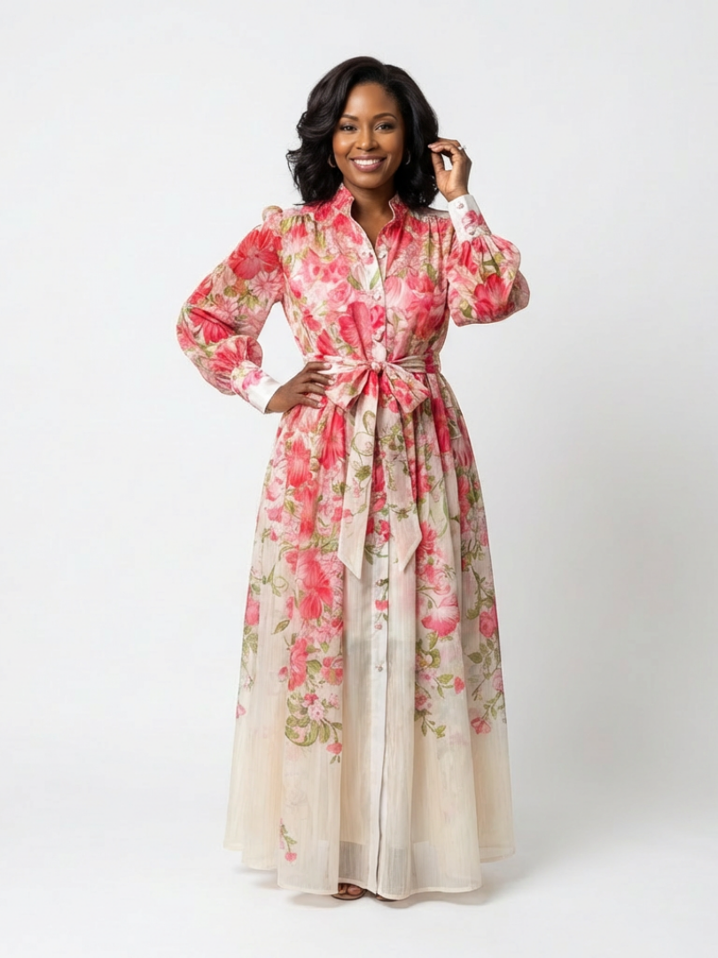 Delphine | Vestido maxi fluido de mangas longas e flores