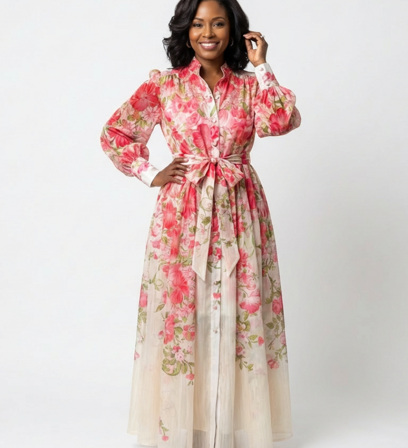 Delphine | Vestido maxi fluido de mangas longas e flores