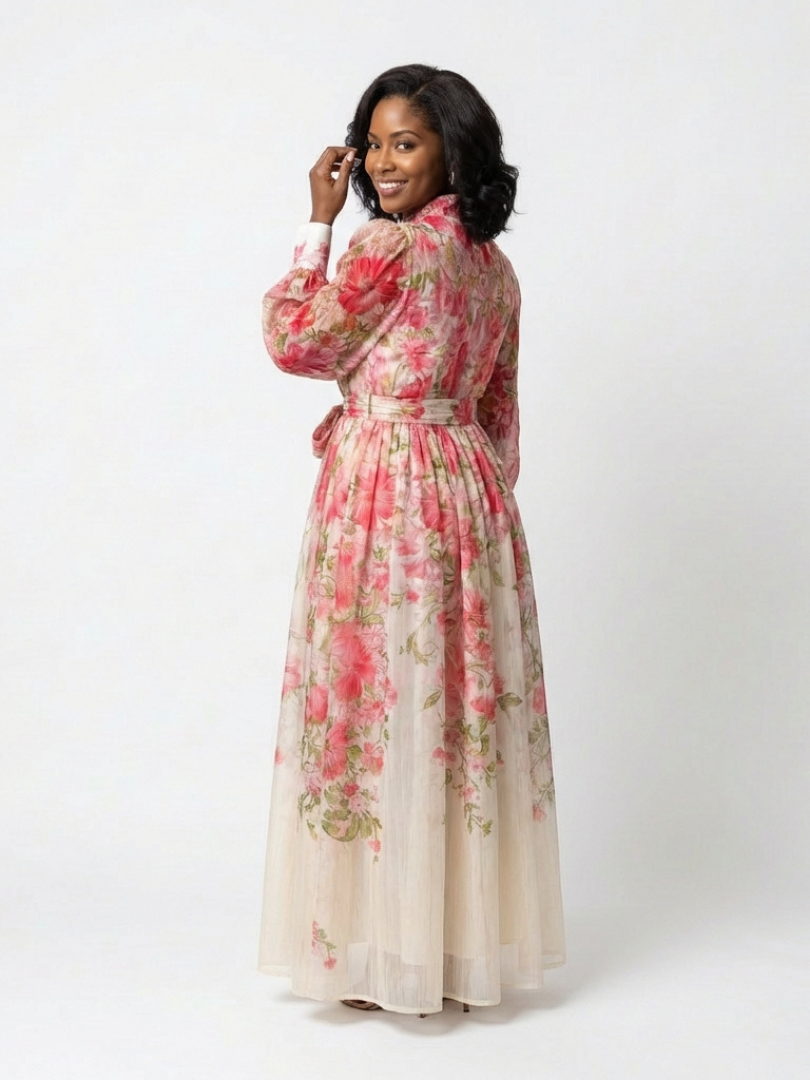 Delphine | Vestido maxi fluido de mangas longas e flores