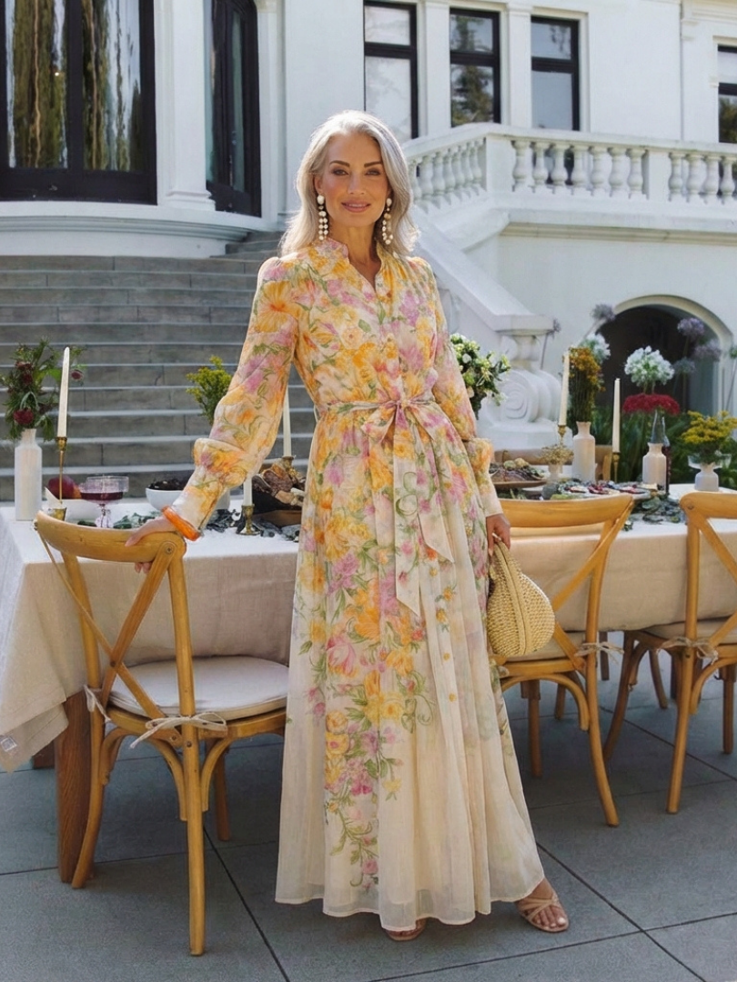 Delphine | Vestido maxi fluido de mangas longas e flores