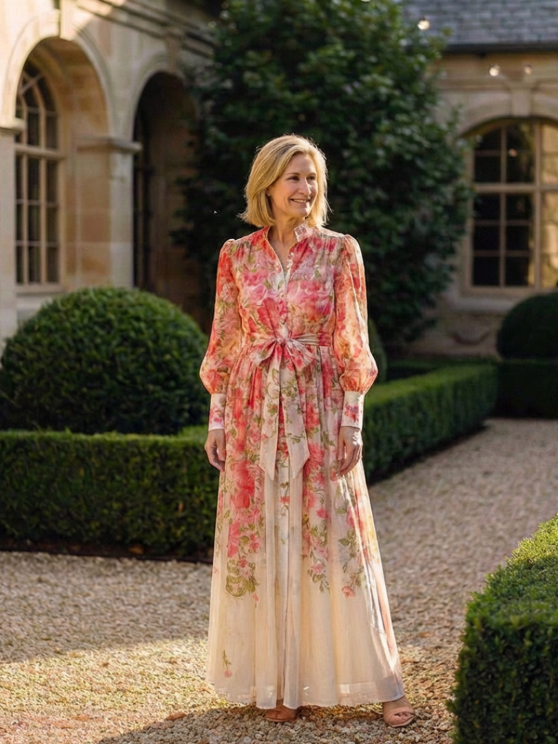 Delphine | Vestido maxi fluido de mangas longas e flores