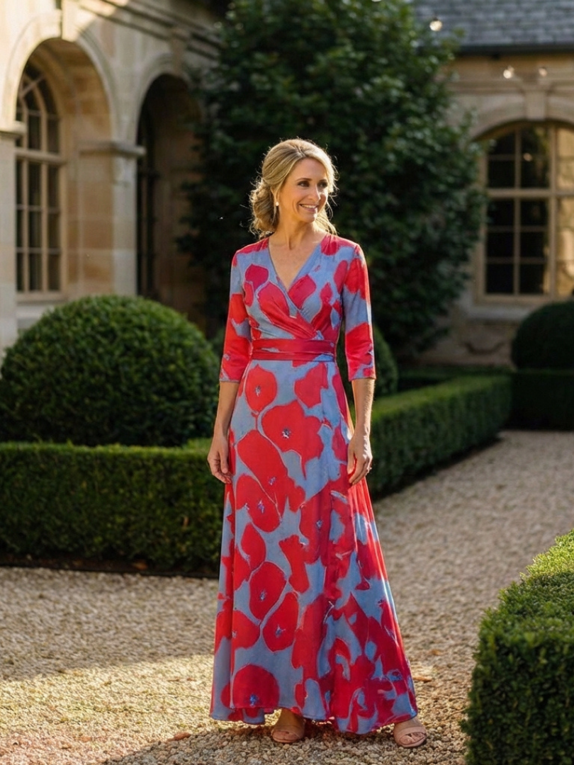 Marie | Vestido maxi com flores e mangas três-quartos