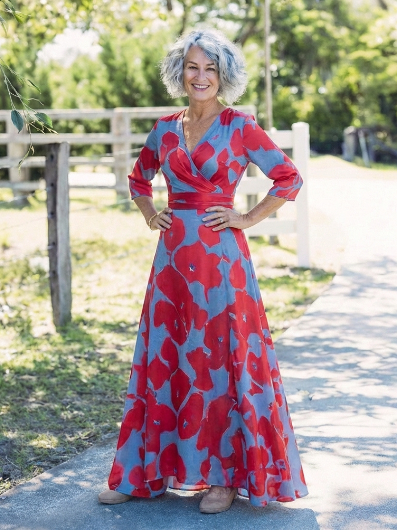 Marie | Vestido maxi com flores e mangas três-quartos