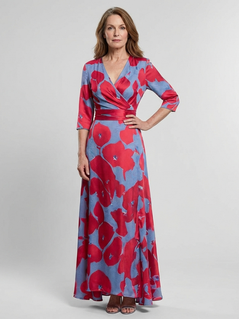 Marie | Vestido maxi com flores e mangas três-quartos