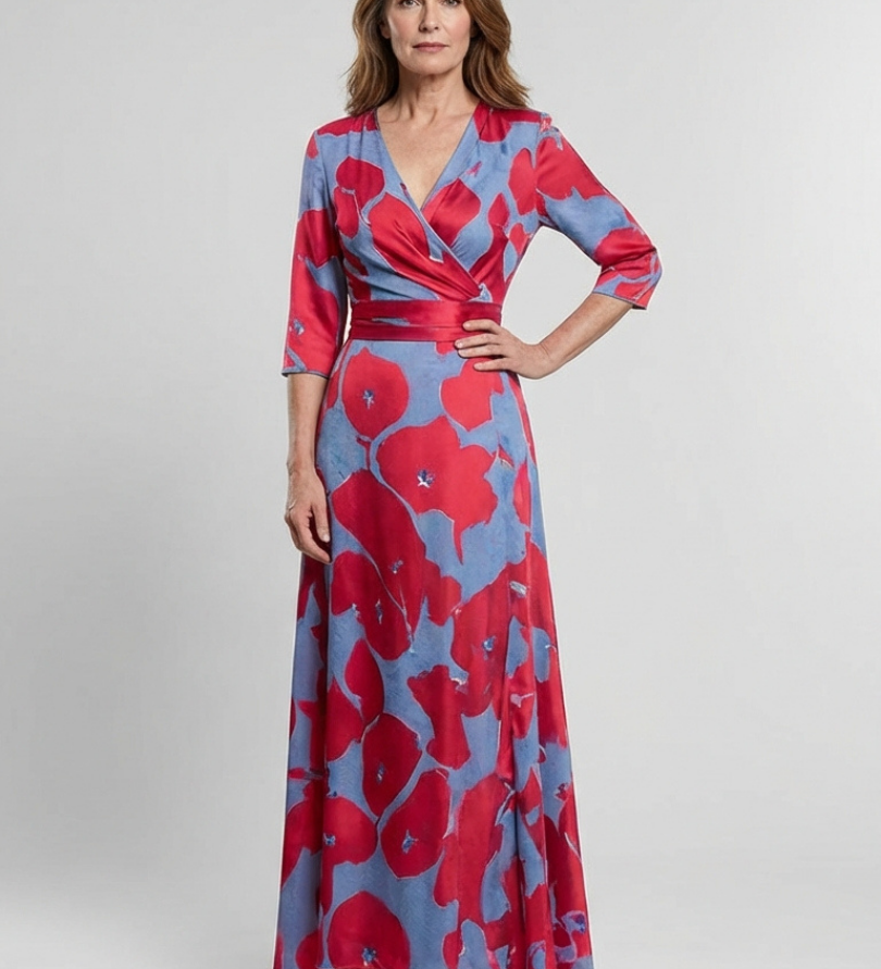 Marie | Vestido maxi com flores e mangas três-quartos